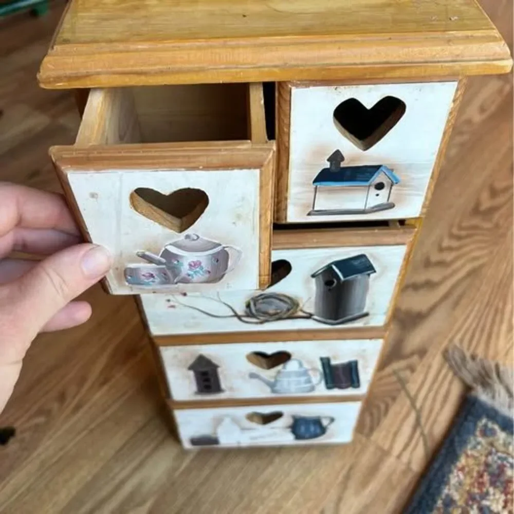 Hand Painted Wooden Mini Chest 5 Drawer Tabletop Organizer with Heart Cutouts